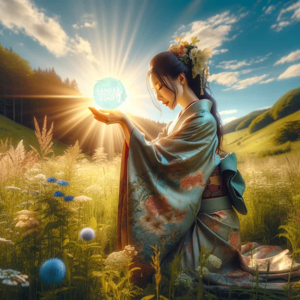 A mystical Japanese woman in a serene meadow, bowing gracefully to the sun. She is dressed in an elegant, traditional outfit that adds to her mystical