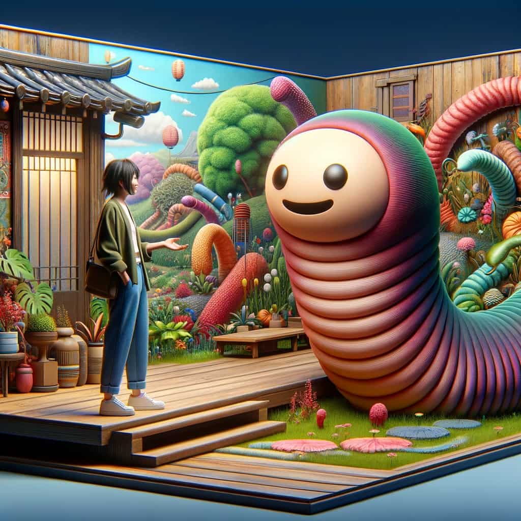 Japanese person having a conversation with a personified worm, representing the 'worm of intuition